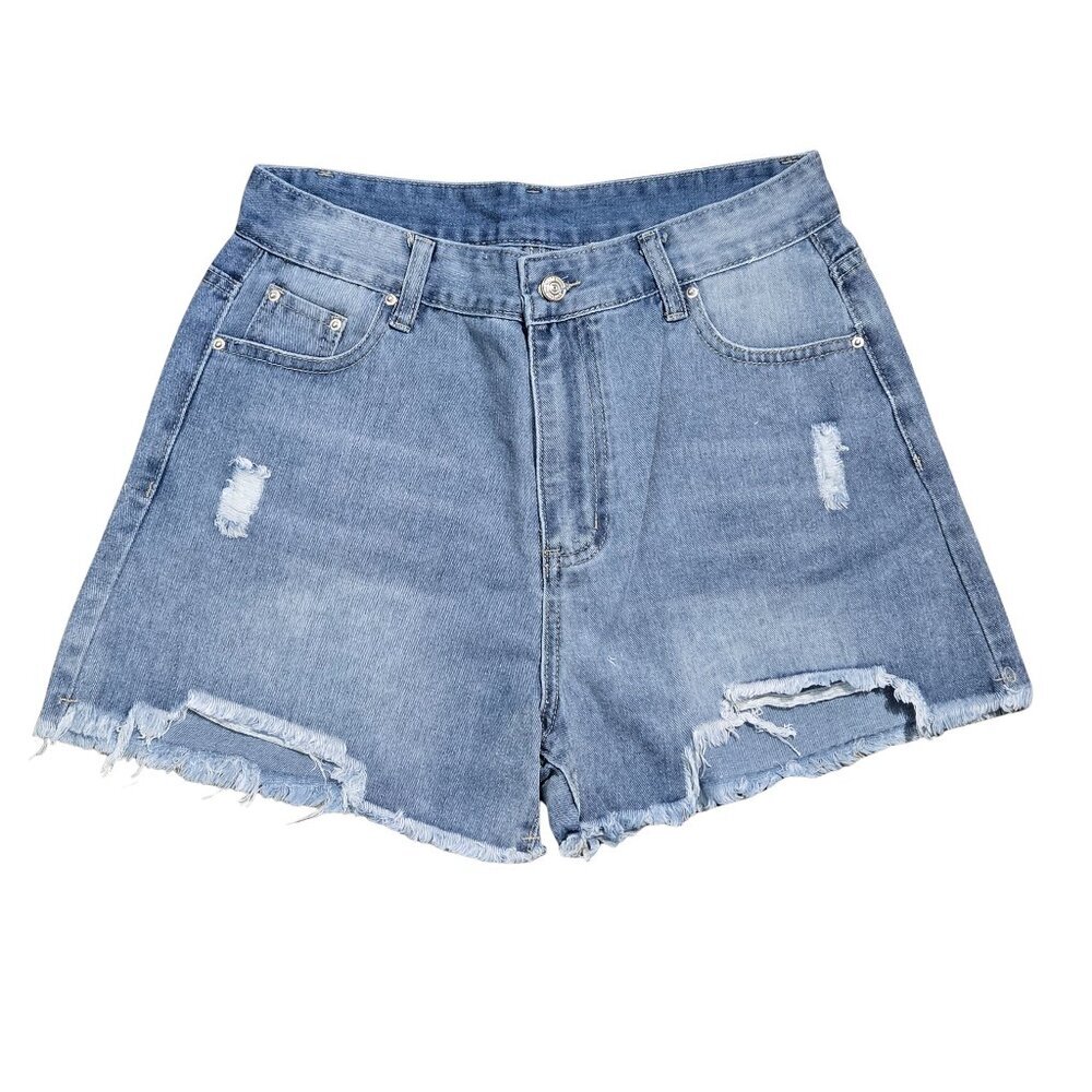 NIP | Medium Wash Distressed Denim Shorts | Raw Hem | Size L